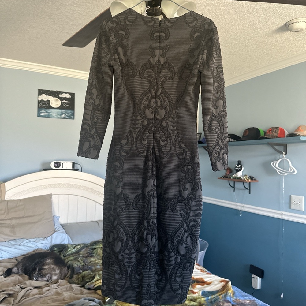 Cache Black Long-Sleeve Patterned Sheath Dress